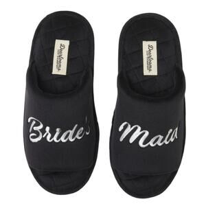 Dearfoams Memory Foam BridesMaid Embroidered Black Plush Slippers Women's S 5-6
